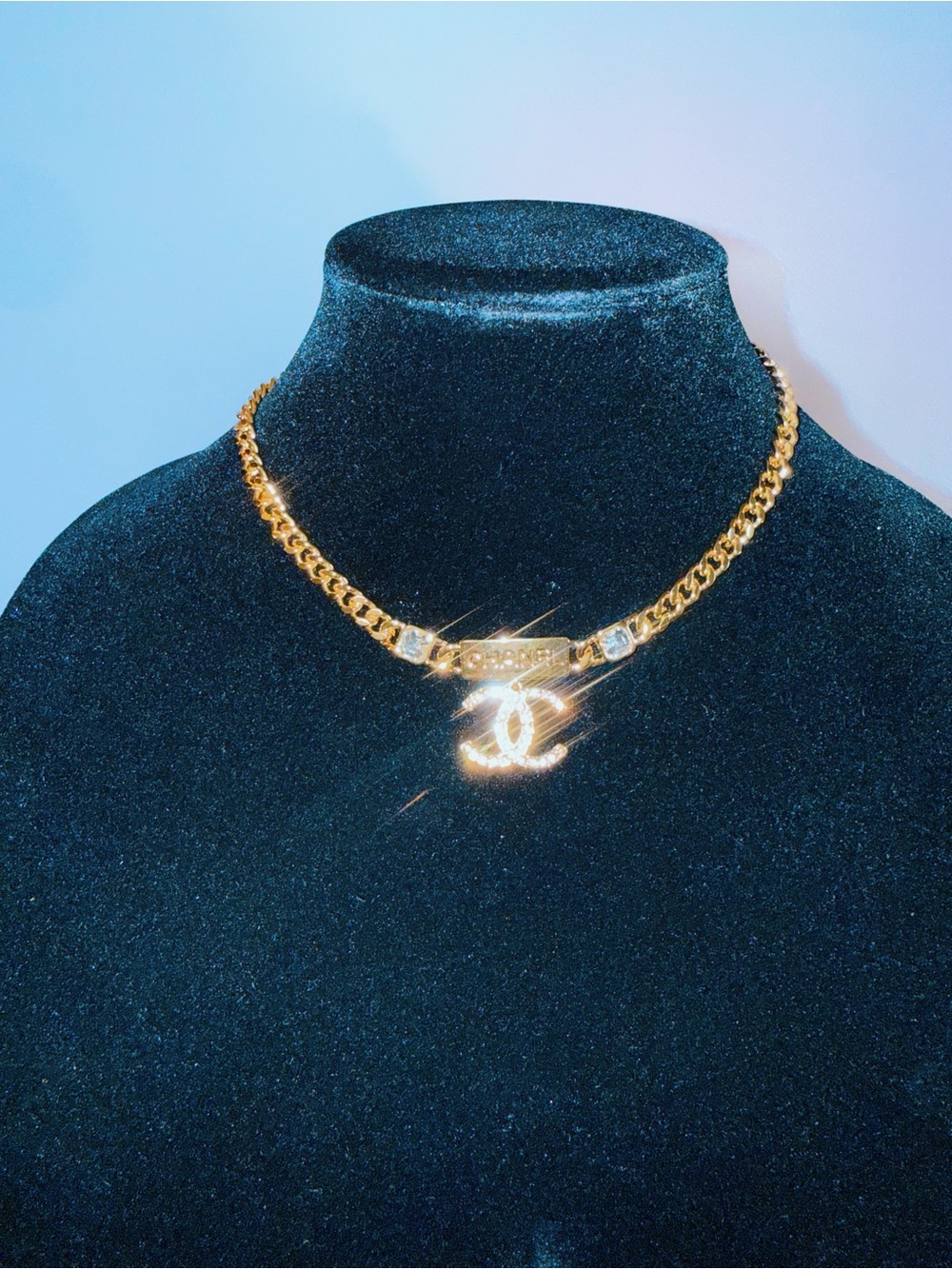 CHANEL Gold-Tone Chain Necklace with CC Pendant and Crystal Accents